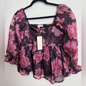 Urban Outfitters Thirty Thirty Floral Chiffon Empire Top - Pink and Black
